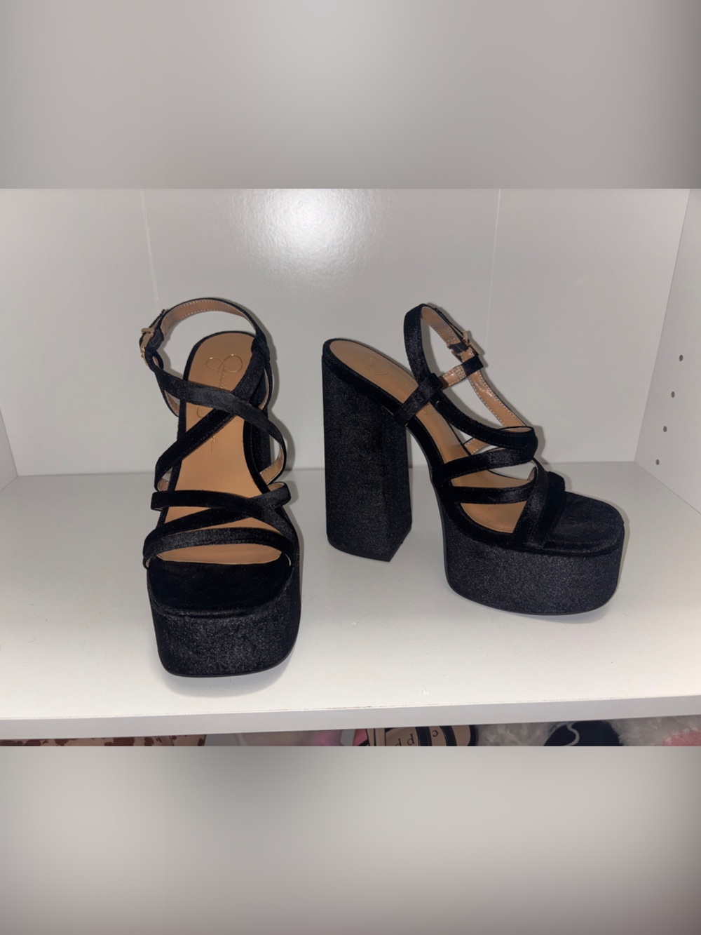 Jessica Simpson Black Velvet Strappy Platform Block Heels
